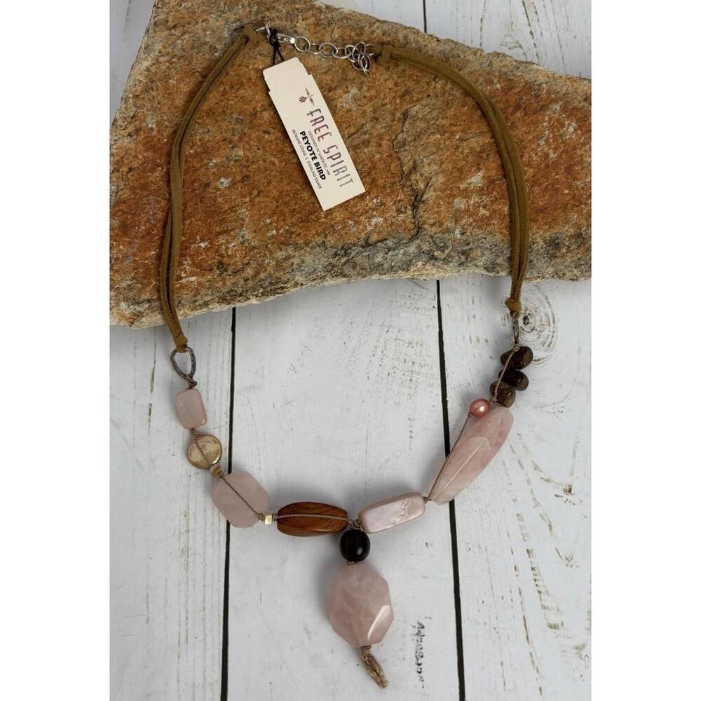 Peyote Bird Free Spirit Rose Quartz Wood Suede Sterling Silver Necklace J003